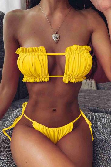 Angelsin Brezilya Model Büzgülü Bağlamalı Bikini üstü Sarı